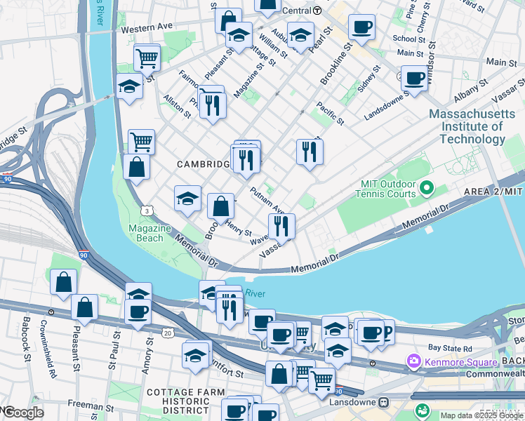 map of restaurants, bars, coffee shops, grocery stores, and more near 278 Sidney Street in Cambridge