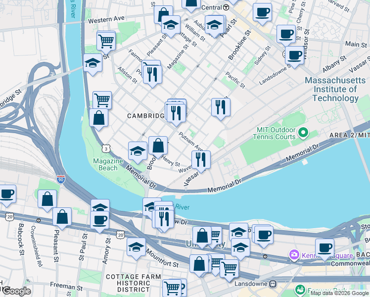 map of restaurants, bars, coffee shops, grocery stores, and more near 278 Sidney Street in Cambridge
