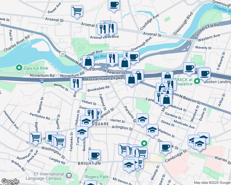 map of restaurants, bars, coffee shops, grocery stores, and more near 6 Cresthill Road in Boston