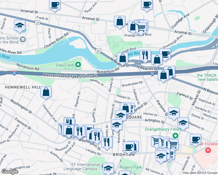 map of restaurants, bars, coffee shops, grocery stores, and more near in Boston