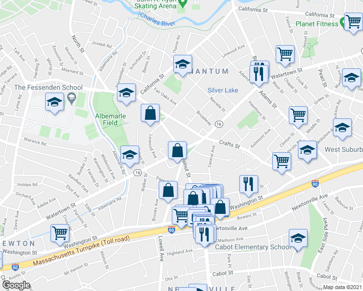 map of restaurants, bars, coffee shops, grocery stores, and more near in Newton