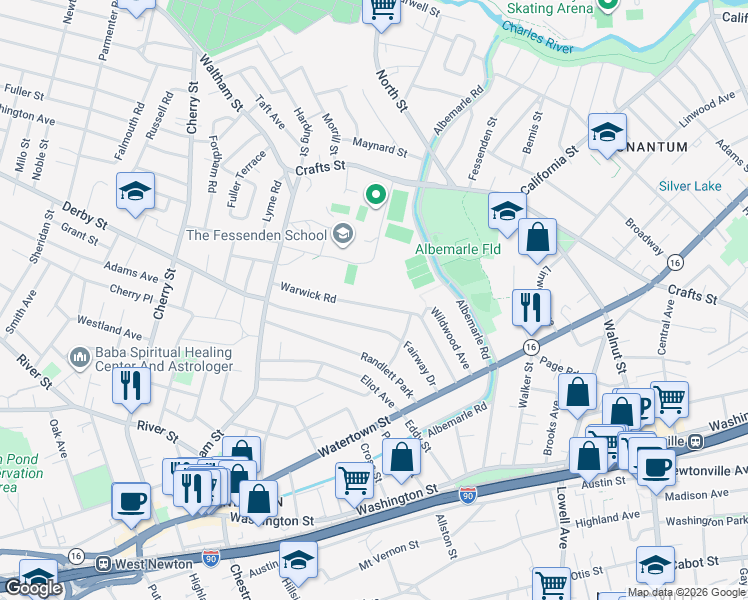 map of restaurants, bars, coffee shops, grocery stores, and more near 83 Fairway Drive in Newton
