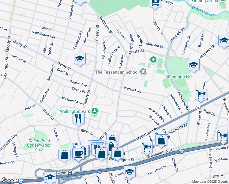 map of restaurants, bars, coffee shops, grocery stores, and more near 15 North Gate Park in Newton