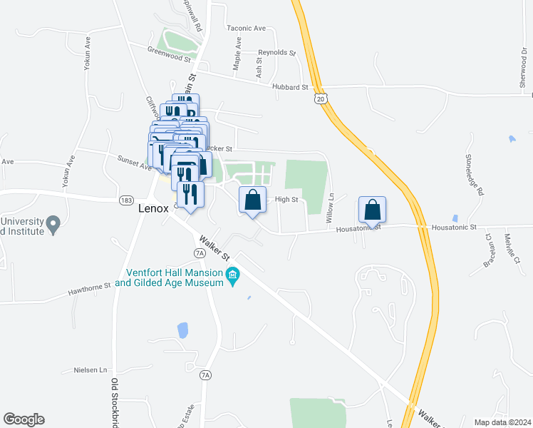 map of restaurants, bars, coffee shops, grocery stores, and more near 116 Housatonic Street in Lenox