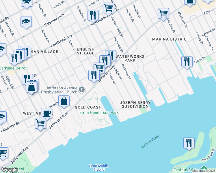 map of restaurants, bars, coffee shops, grocery stores, and more near 697 Hibbard Street in Detroit