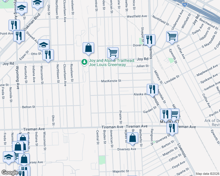 map of restaurants, bars, coffee shops, grocery stores, and more near 7540 Alaska Avenue in Detroit