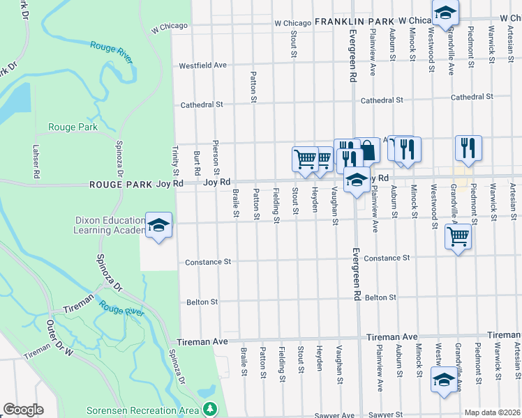 map of restaurants, bars, coffee shops, grocery stores, and more near 8515 Fielding Street in Detroit