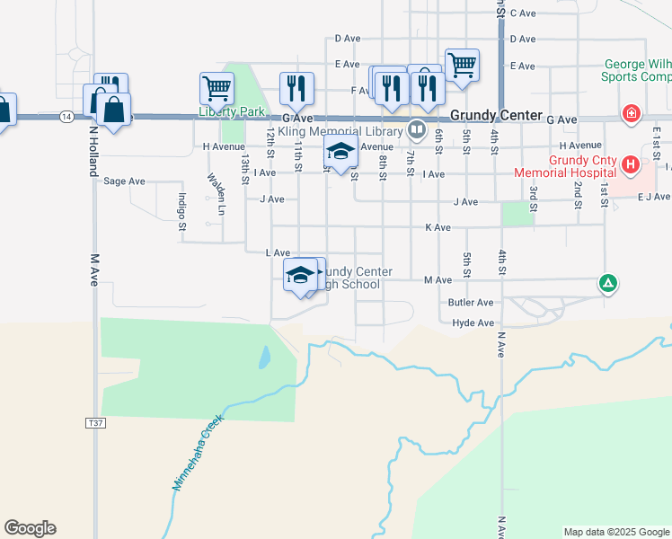 map of restaurants, bars, coffee shops, grocery stores, and more near 907 10th St in Grundy Center