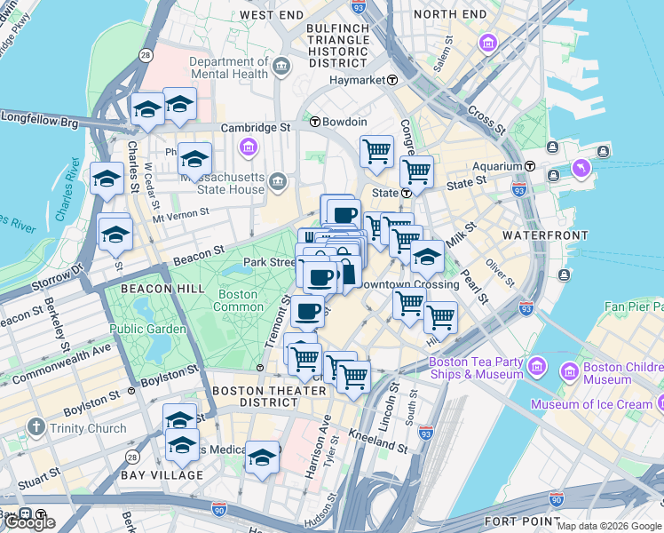 map of restaurants, bars, coffee shops, grocery stores, and more near 450 Washington Street in Boston