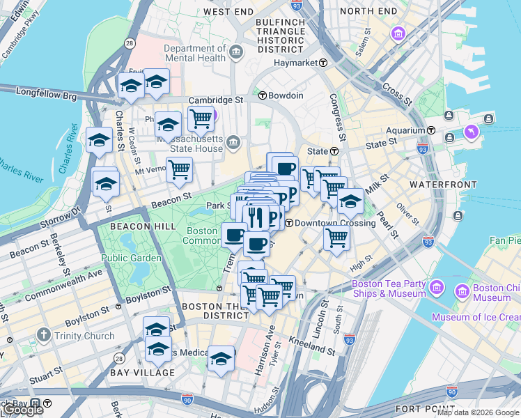 map of restaurants, bars, coffee shops, grocery stores, and more near in Boston