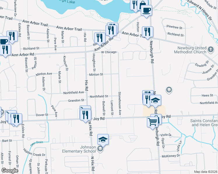 map of restaurants, bars, coffee shops, grocery stores, and more near 9026 Butwell Street in Livonia
