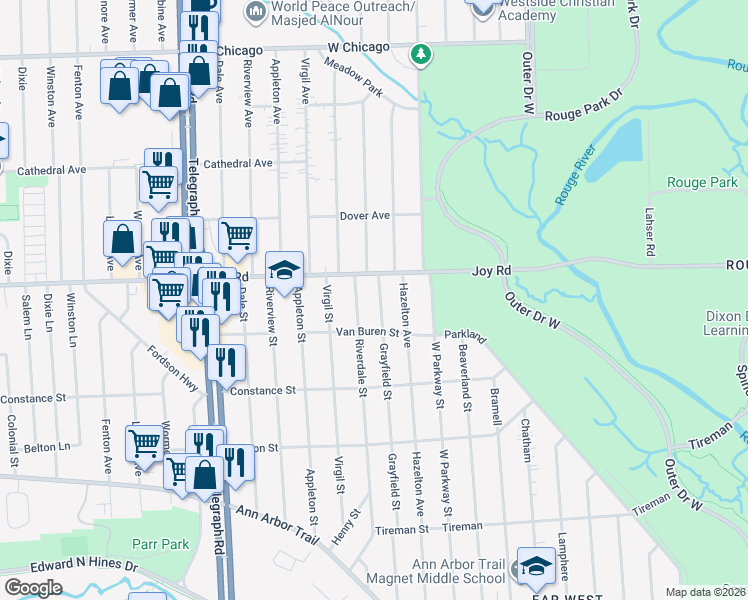 map of restaurants, bars, coffee shops, grocery stores, and more near 8612 Riverdale Street in Dearborn Heights