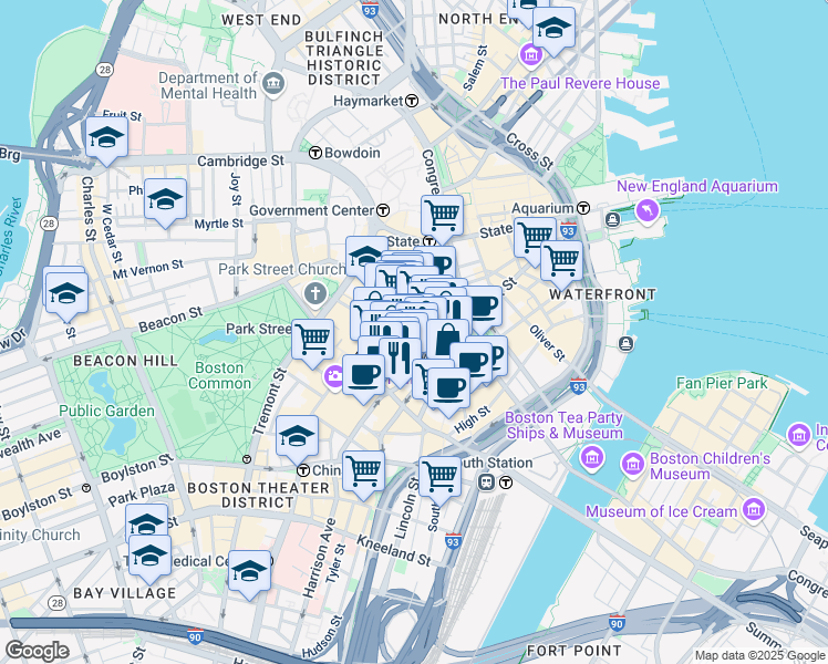 map of restaurants, bars, coffee shops, grocery stores, and more near in Boston