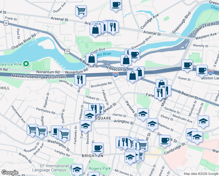 map of restaurants, bars, coffee shops, grocery stores, and more near 80 Cresthill Road in Boston