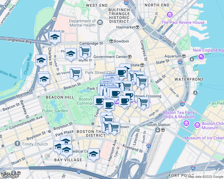map of restaurants, bars, coffee shops, grocery stores, and more near 10 Temple Place in Boston