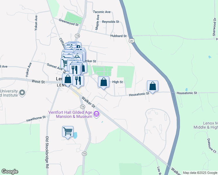 map of restaurants, bars, coffee shops, grocery stores, and more near 109 Housatonic Street in Lenox