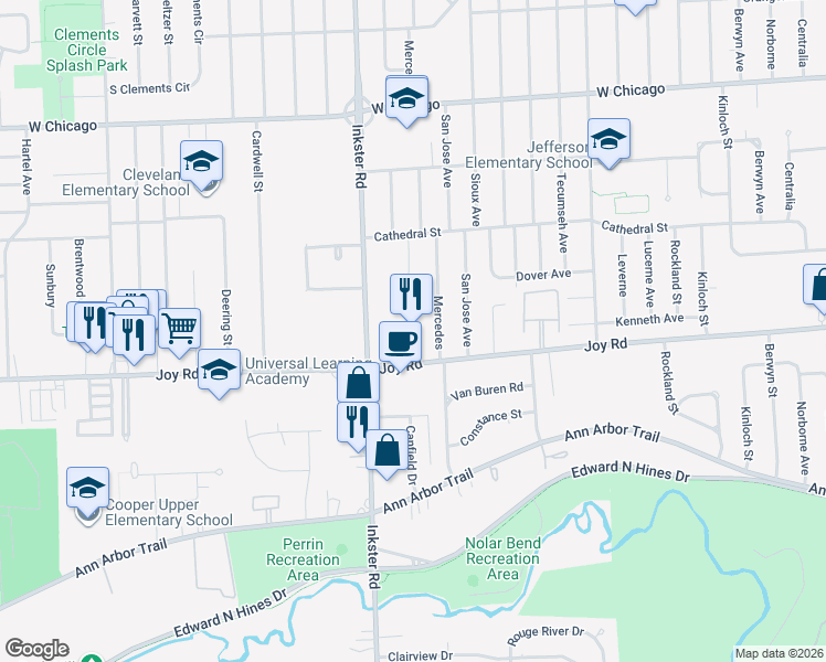 map of restaurants, bars, coffee shops, grocery stores, and more near 27282 Joy Road in Wayne County