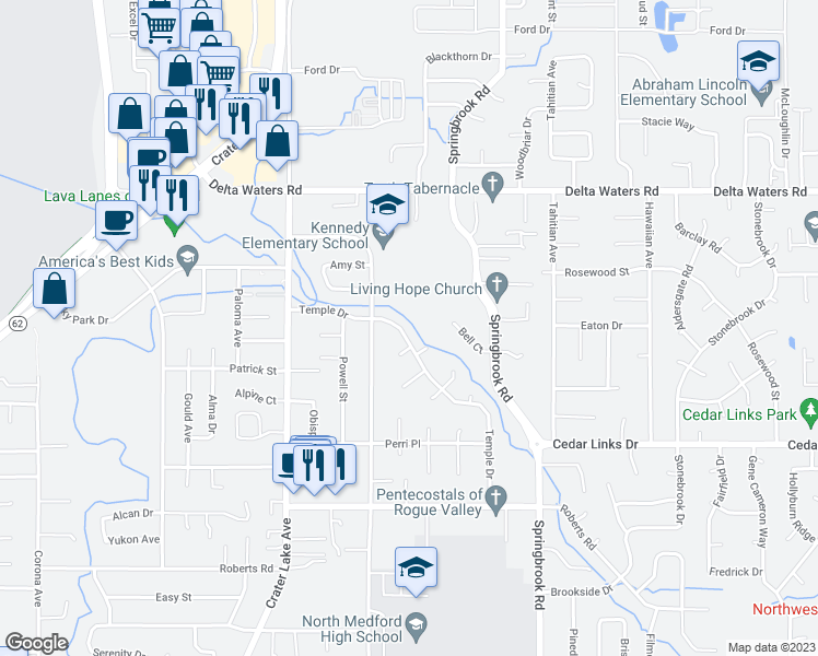 map of restaurants, bars, coffee shops, grocery stores, and more near 2241 Temple Drive in Medford