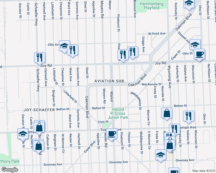 map of restaurants, bars, coffee shops, grocery stores, and more near 8532 Meyers Road in Detroit