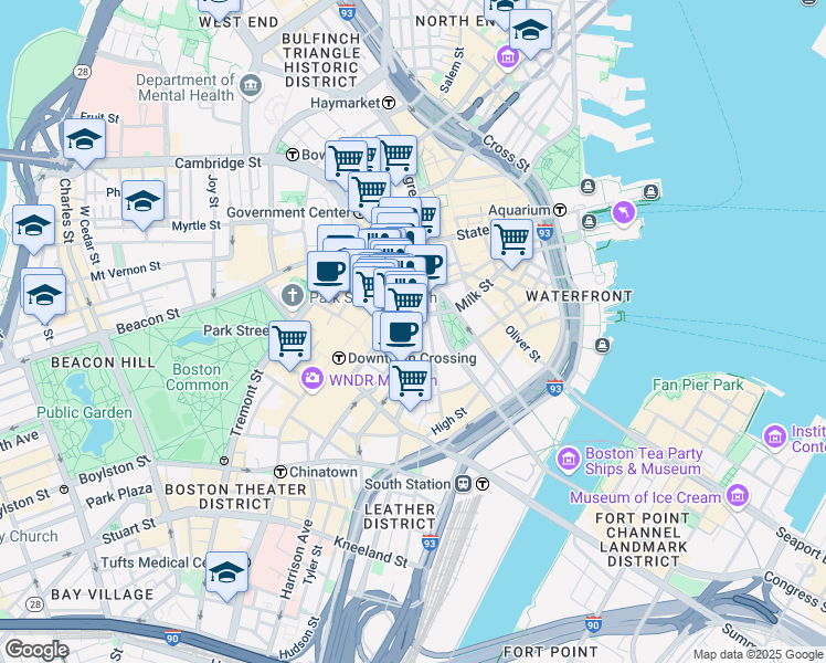 map of restaurants, bars, coffee shops, grocery stores, and more near Devonshire Street in Boston