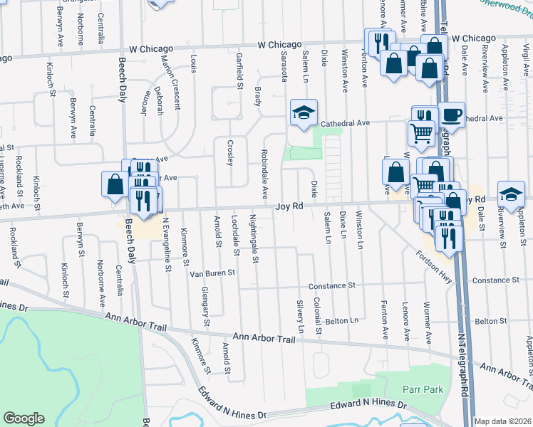 map of restaurants, bars, coffee shops, grocery stores, and more near 8817 Robindale in Redford Charter Township
