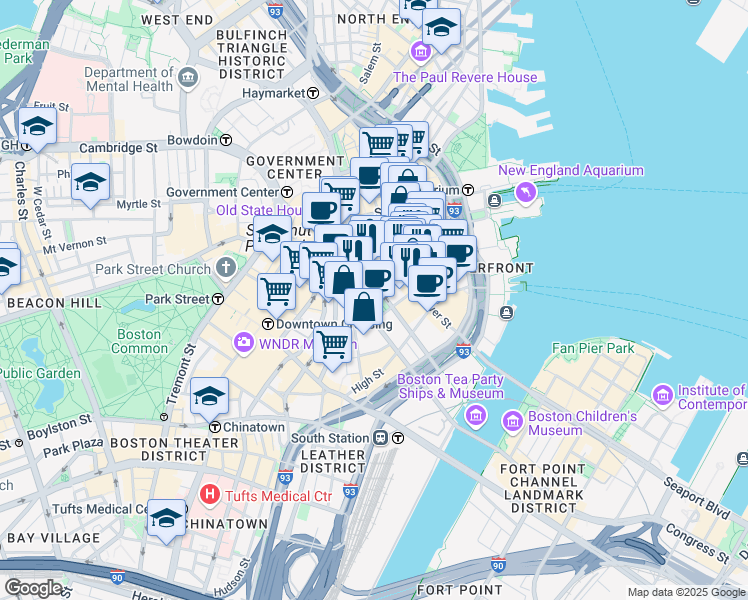 map of restaurants, bars, coffee shops, grocery stores, and more near 130 Congress Street in Boston