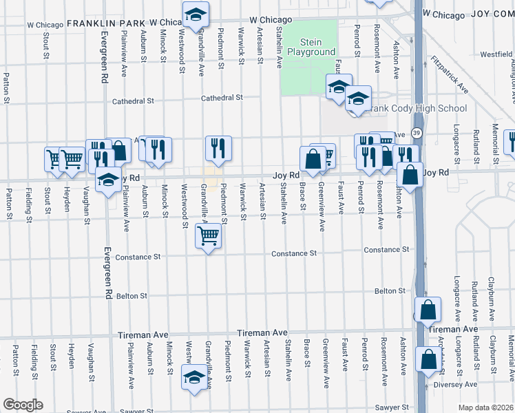map of restaurants, bars, coffee shops, grocery stores, and more near 8676 Artesian Street in Detroit