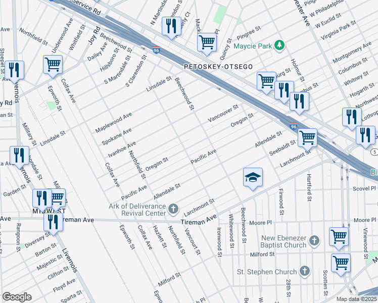 map of restaurants, bars, coffee shops, grocery stores, and more near 5095 Vancouver Street in Detroit