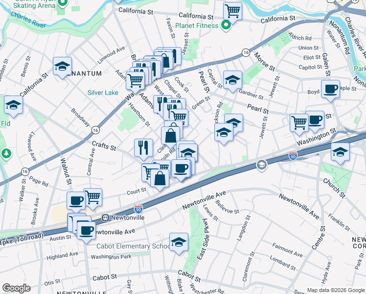 map of restaurants, bars, coffee shops, grocery stores, and more near 8 Clinton Street in Newton