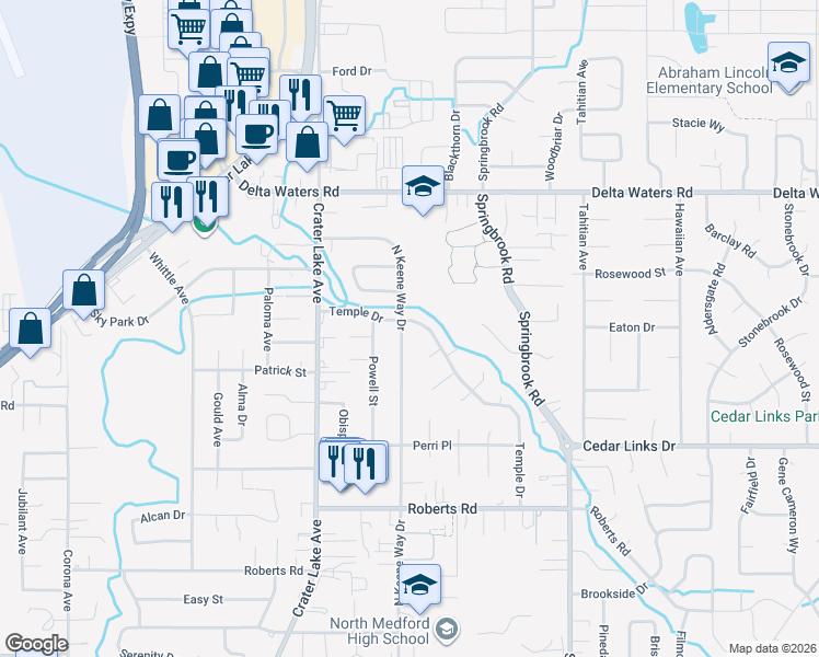 map of restaurants, bars, coffee shops, grocery stores, and more near 2211 Temple Drive in Medford