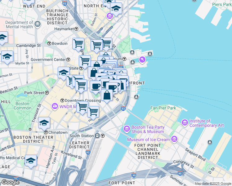 map of restaurants, bars, coffee shops, grocery stores, and more near 67 Batterymarch Street in Boston