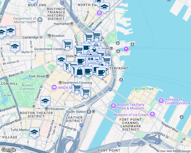 map of restaurants, bars, coffee shops, grocery stores, and more near 12 Pearl Street in Boston