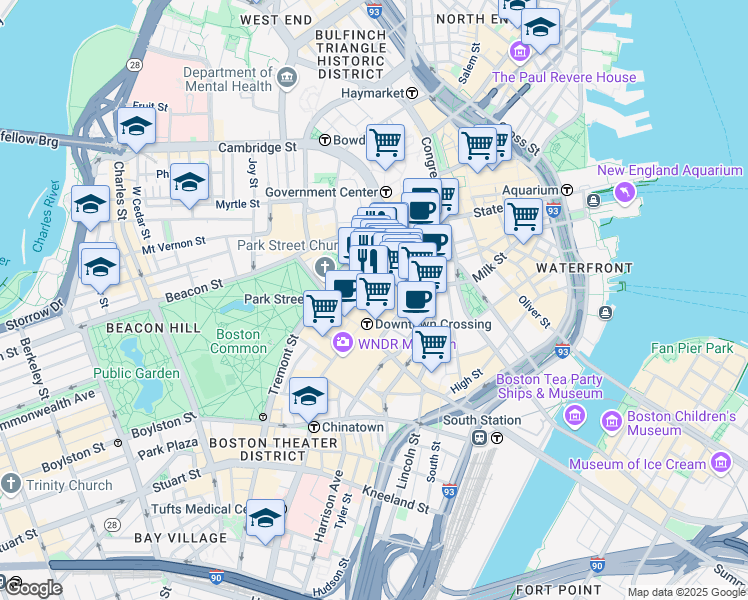 map of restaurants, bars, coffee shops, grocery stores, and more near 327 Washington Street in Boston