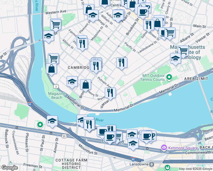 map of restaurants, bars, coffee shops, grocery stores, and more near 216 Sidney Street in Cambridge