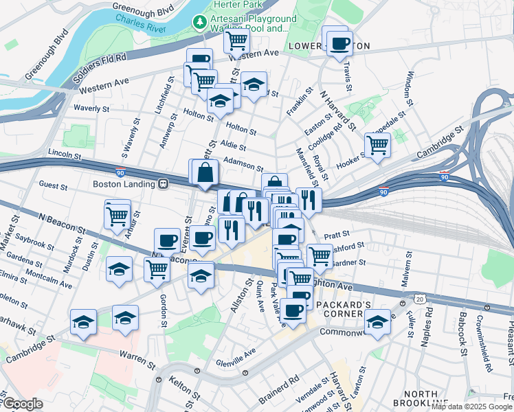 map of restaurants, bars, coffee shops, grocery stores, and more near 2 Eric Road in Boston