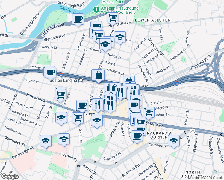 map of restaurants, bars, coffee shops, grocery stores, and more near 83-89 Braintree Street in Boston