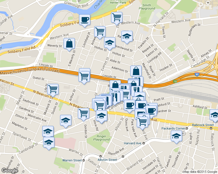 map of restaurants, bars, coffee shops, grocery stores, and more near 83-89 Braintree Street in Boston