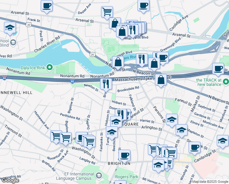 map of restaurants, bars, coffee shops, grocery stores, and more near 7 Riverview Road in Boston