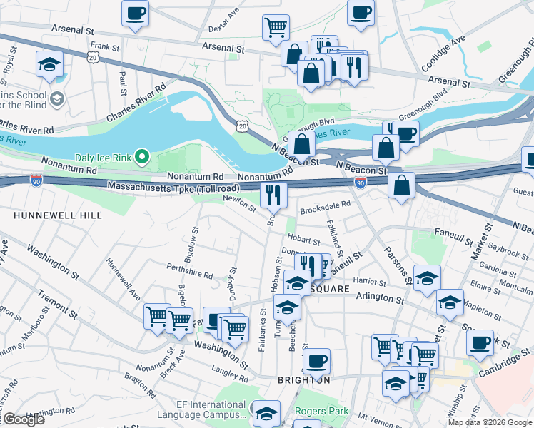 map of restaurants, bars, coffee shops, grocery stores, and more near 12-14 Woodmont Street in Boston