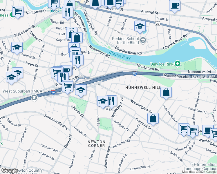 map of restaurants, bars, coffee shops, grocery stores, and more near 56 Saint James Circle in Newton