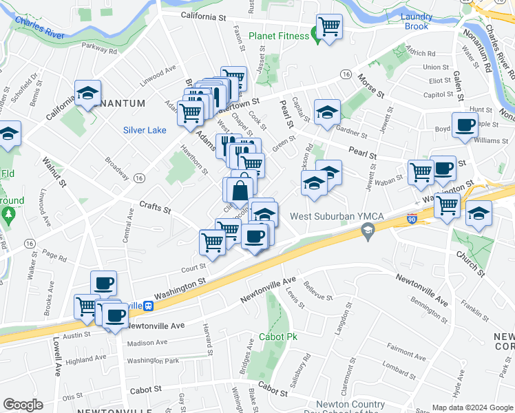 map of restaurants, bars, coffee shops, grocery stores, and more near 8 Clinton Street in Newton