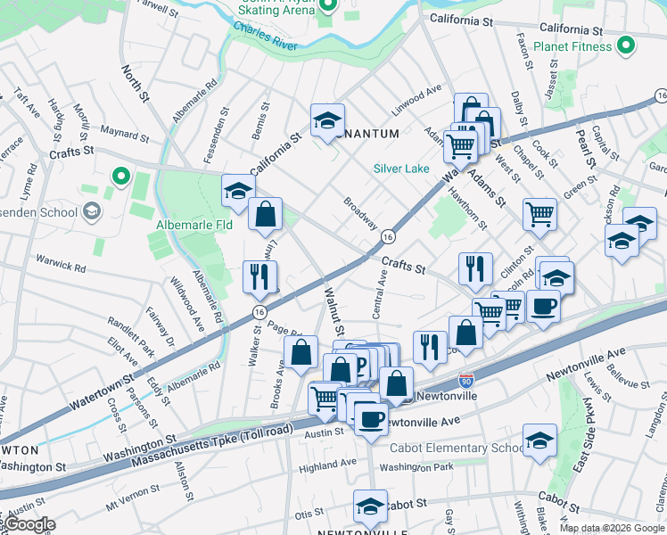 map of restaurants, bars, coffee shops, grocery stores, and more near 206 Crafts Street in Newton