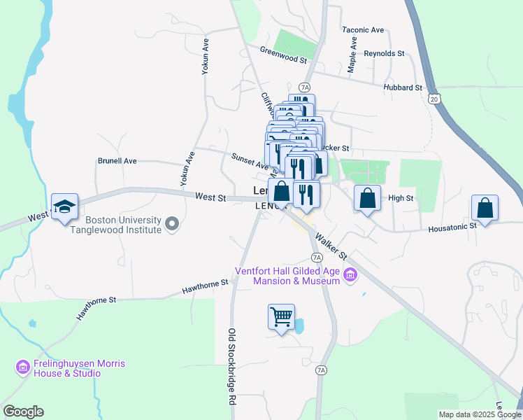 map of restaurants, bars, coffee shops, grocery stores, and more near 11 Old Stockbridge Road in Lenox