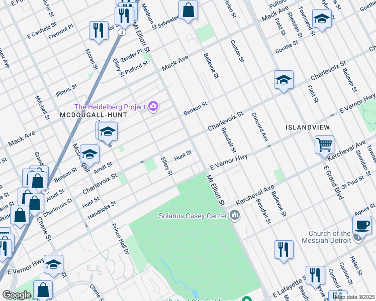 map of restaurants, bars, coffee shops, grocery stores, and more near 3738 Charlevoix Street in Detroit