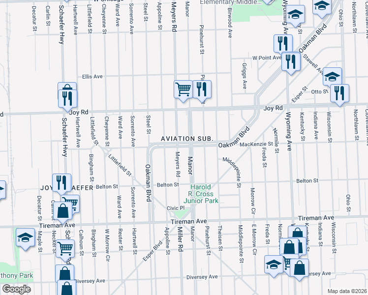 map of restaurants, bars, coffee shops, grocery stores, and more near 8532 Meyers Road in Detroit