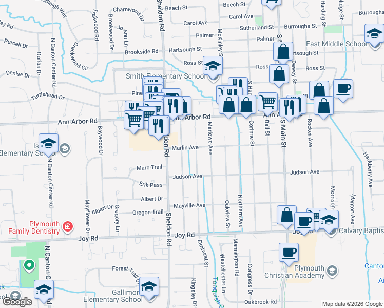 map of restaurants, bars, coffee shops, grocery stores, and more near 9404 Elmhurst Avenue in Plymouth