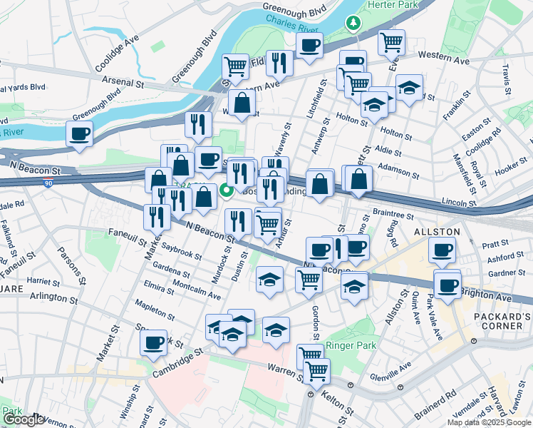 map of restaurants, bars, coffee shops, grocery stores, and more near 92 Guest Street in Boston