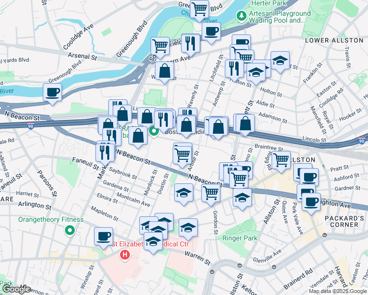 map of restaurants, bars, coffee shops, grocery stores, and more near 125 Guest Street in Boston