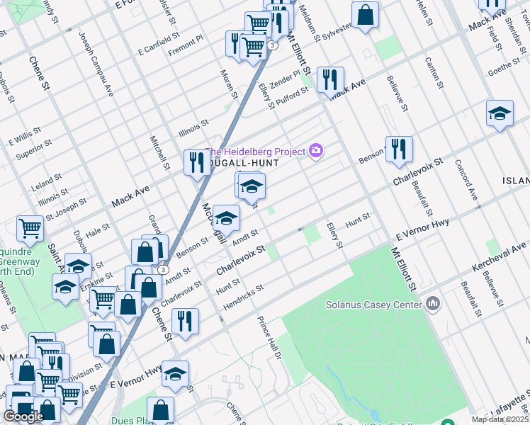 map of restaurants, bars, coffee shops, grocery stores, and more near 3344 Heidelberg Street in Detroit
