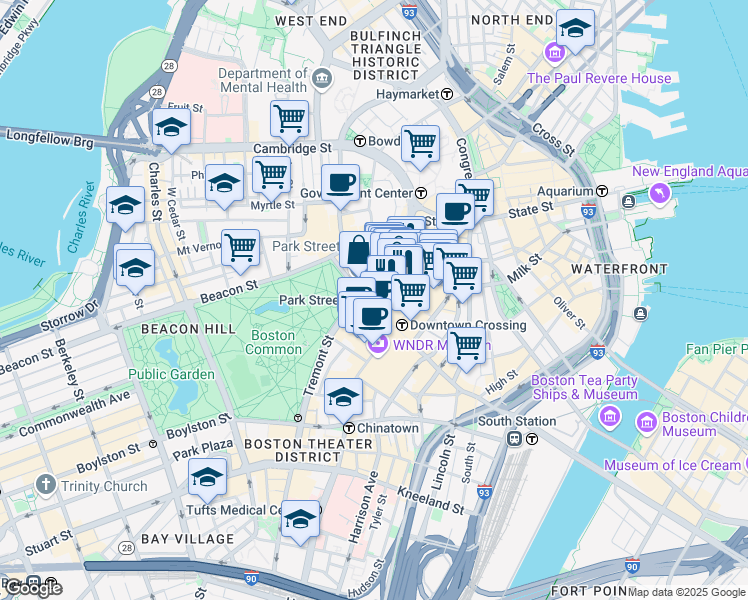 map of restaurants, bars, coffee shops, grocery stores, and more near 9 Hamilton Place in Boston
